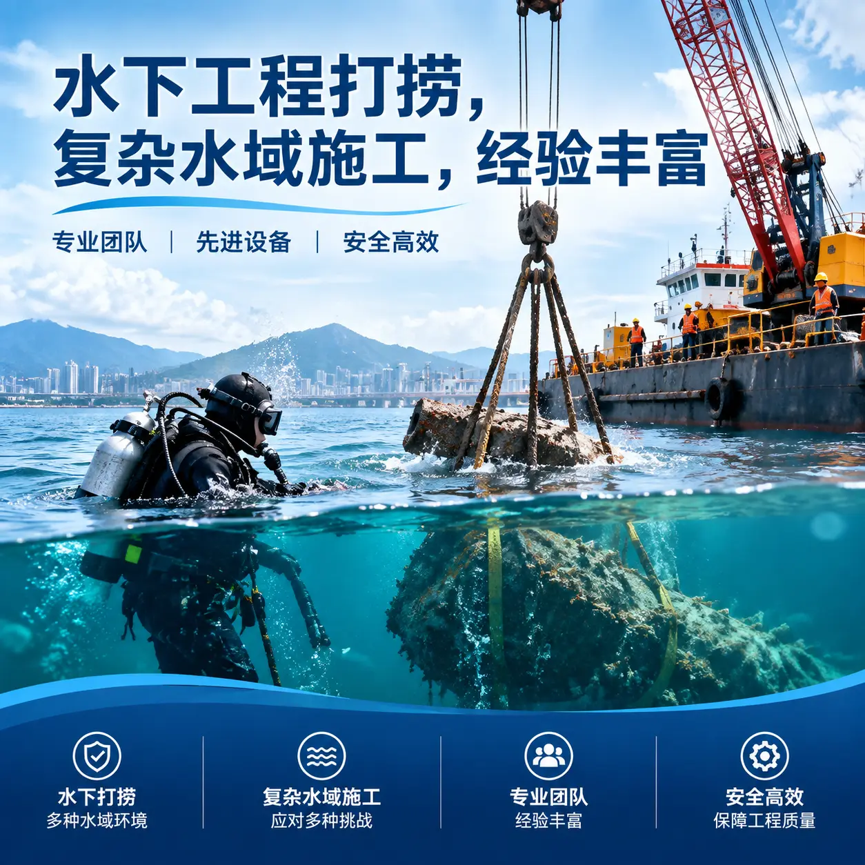 水下工程打捞，复杂水域施工，经验丰富鸡泽